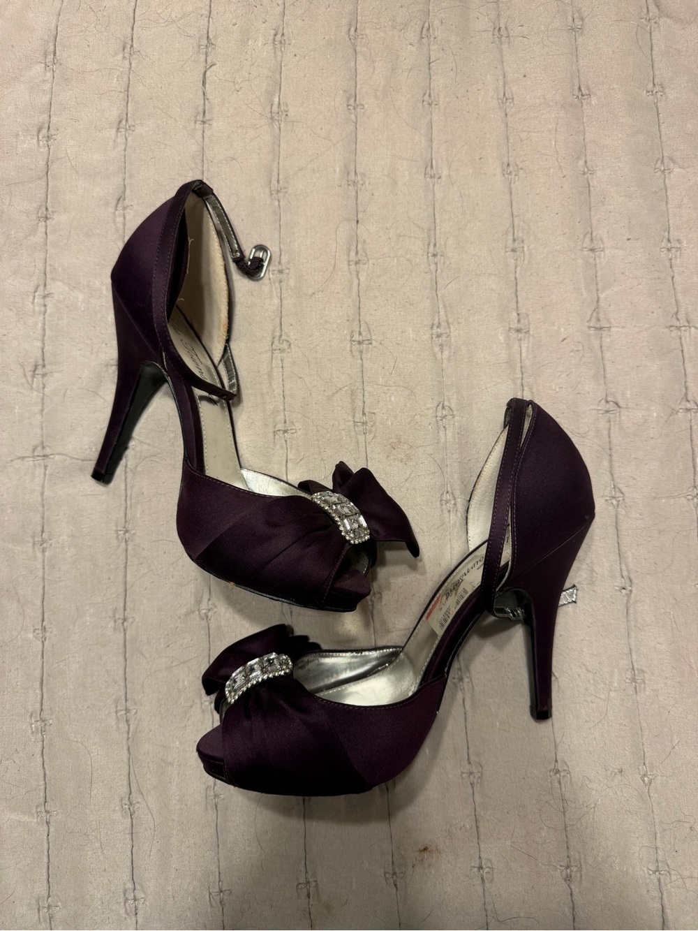 Lulu Townsend Deep Purple Satin Peep-Toe Heels with Rhinestone Bow